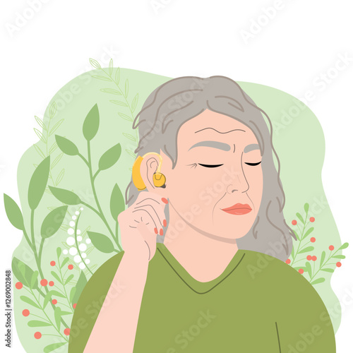 Joyful elderly woman uses a hearing aid. Woman listening sound with hand near ear for hearing check-up. Vector illustration