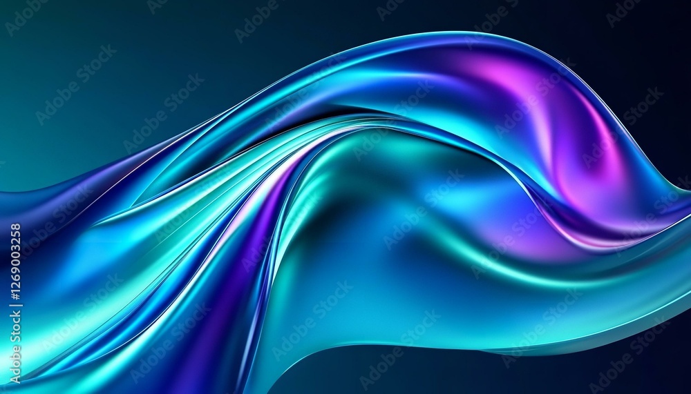 Fototapeta premium Shiny matte abstract Holographic purple green fluid iridescent reflective neon curved wave cloth in motion background. 3d render.