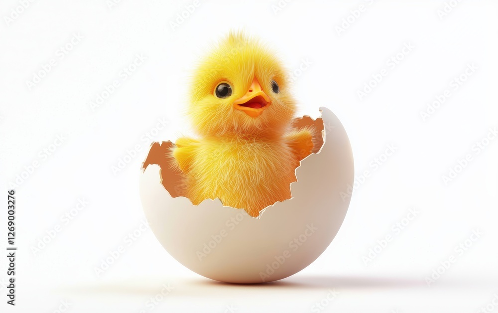 Fluffy chick emerging from a cracked egg isolated on white Fluffy chick emerging from a cracked egg isolated on white