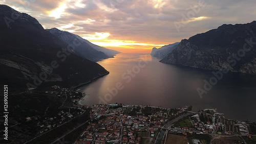 panoramic aerial view of lake garda from above peschiera del garda at sunset in 2025