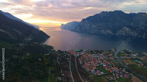 panoramic aerial view of lake garda from above peschiera del garda at sunset in 2025