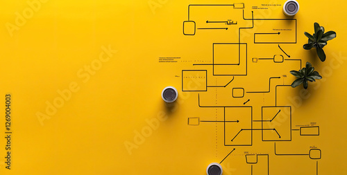 Abstract Yellow Background with Hand Drawn Flowchart Diagram and Small Plants