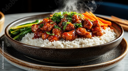 A warm, cozy dining setting featuring a bowl of General Tso's Chicken, steam rising from the plate, served with jasmine rice and a side of vegetables