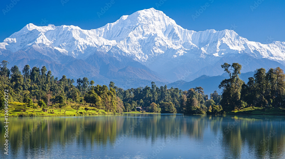 Naklejka premium Serene mountain landscape with snow-capped peaks and a calm lake reflecting the surroundings, symbolizing peace and nature’s beauty in an untouched wilderness.