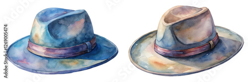 Watercolor hats, vintage style, artistic illustration, colorful details, fashion accessories, creative design, artistic expression.