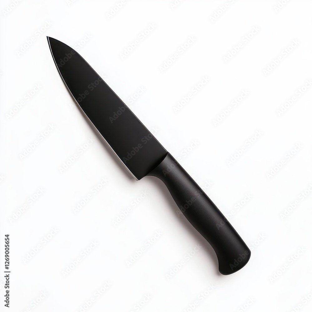 Fototapeta premium Sleek black kitchen knife with a sharp blade, ideal for food preparation and cooking.