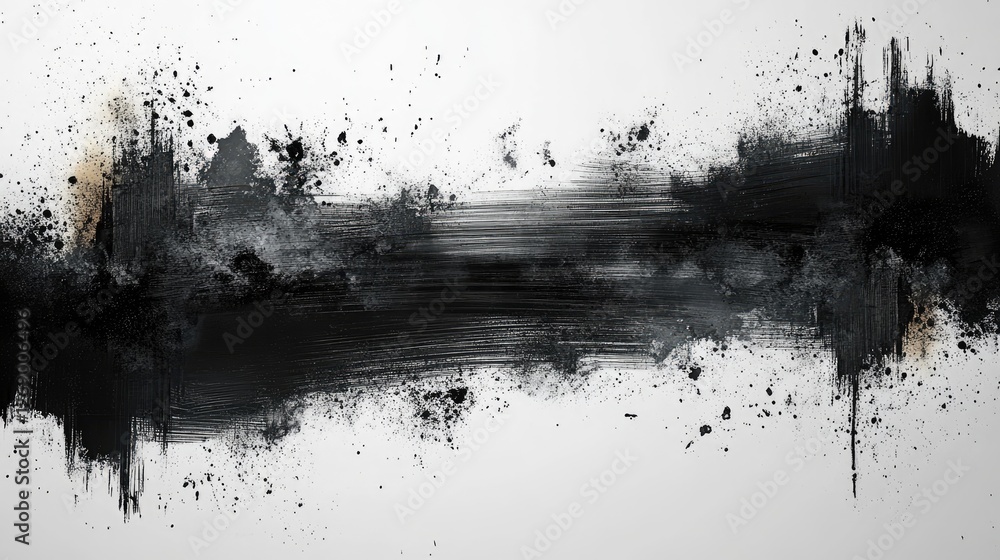 Abstract black and white artistic brush strokes with splashes creating a dynamic visual effect Abstract black and white artistic brush strokes with splashes creating a dynamic visual effect