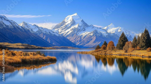 Serene mountain landscape with snow-capped peaks and a calm lake reflecting the surroundings, symbolizing peace and nature’s beauty in an untouched wilderness.
