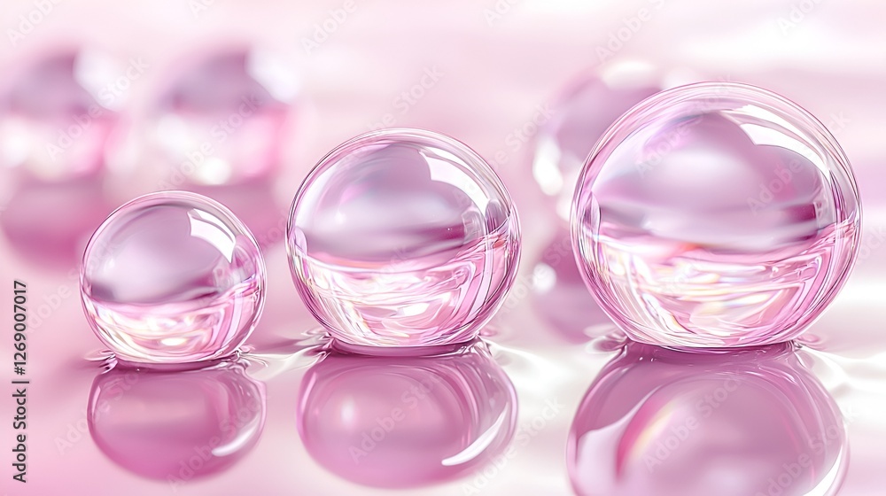 Pink spheres reflecting, smooth surface, beauty backdrop, skincare Pink spheres reflecting, smooth surface, beauty backdrop, skincare
