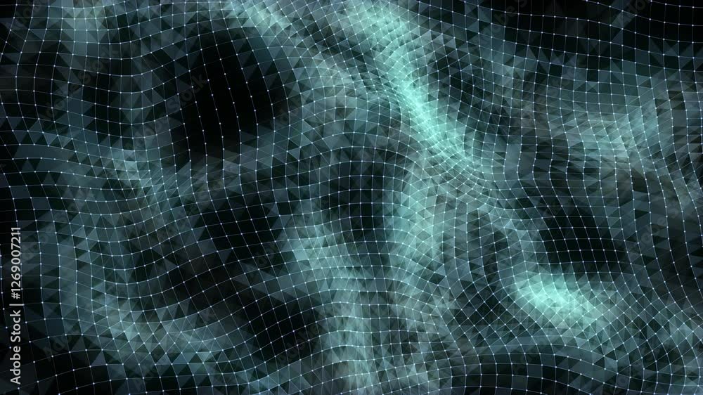 Dark cyberspace in digital background. Abstract technology blue wave with motion glowing dots and lines with top view. Connection big data. Futuristic wireframe texture. 3D rendering. Dark cyberspace in digital background. Abstract technology blue wave with motion glowing dots and lines with top view. Connection big data. Futuristic wireframe texture. 3D rendering.