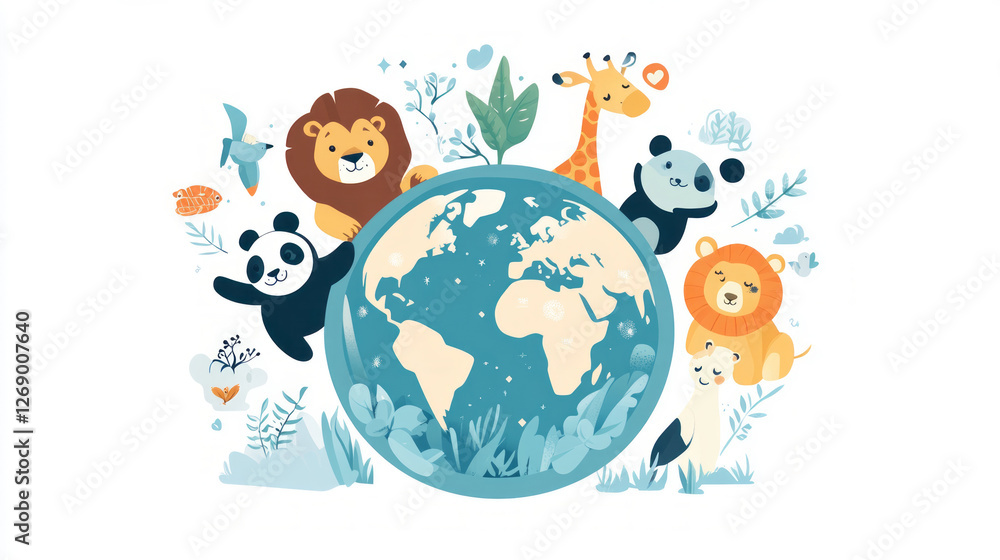 Naklejka premium Cute Cartoon Earth with Iconic Animals in a Flat, Playful Style