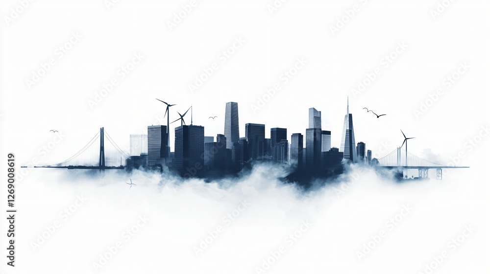 Obraz premium a city skyline with skyscrapers and bridges emerges from fog or clouds, with wind turbines incorporated, in a monochromatic, futuristic design.