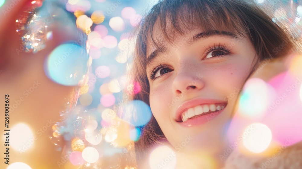 Joyful youth and colorful lights capturing a carefree moment of happiness Joyful youth and colorful lights capturing a carefree moment of happiness