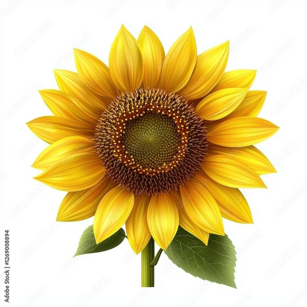Fototapeta premium Sunflower in full bloom with bright yellow petals isolated on white