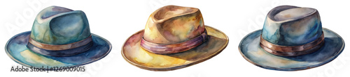 Watercolor illustration, stylish hats, vintage fashion, artistic design, colorful patterns, creative artwork.