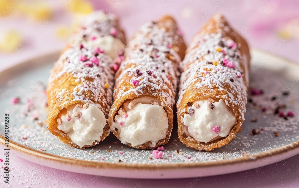 Italian cannoli with ricotta filling on a pastel background Italian cannoli with ricotta filling on a pastel background