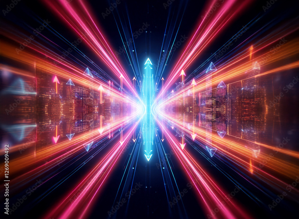 Vibrant tunnel of radiant light streaks converging to a central point. Blue and red hues create a dynamic, futuristic and energetic visual effect. Vibrant tunnel of radiant light streaks converging to a central point. Blue and red hues create a dynamic, futuristic and energetic visual effect.