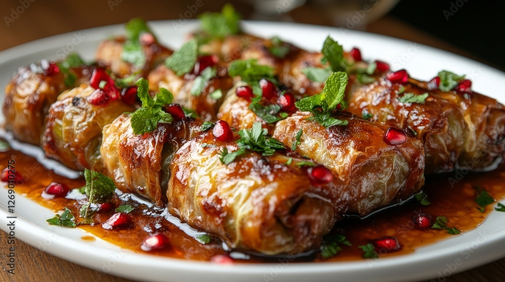 A plate of savory cabbage rolls garnished with pomegranate seeds and mint. A plate of savory cabbage rolls garnished with pomegranate seeds and mint.