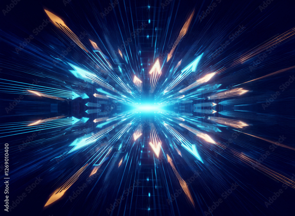 Abstract digital burst with blue and orange light rays radiating from a bright center, creating a dynamic and futuristic visual effect. Abstract digital burst with blue and orange light rays radiating from a bright center, creating a dynamic and futuristic visual effect.