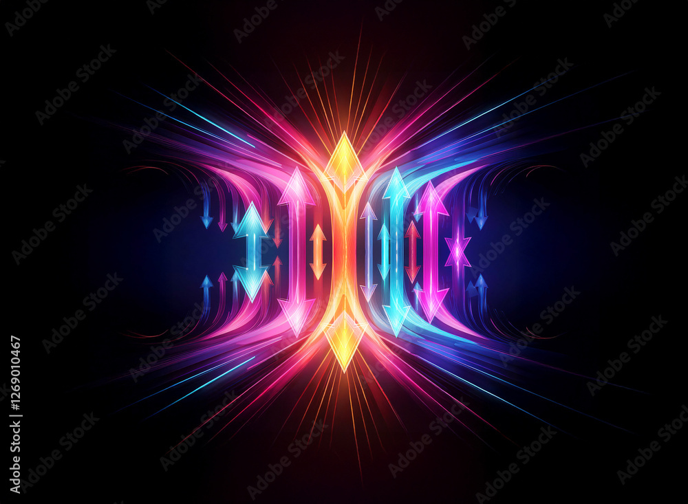 Obraz premium Abstract vibrant light trails with arrows create a symmetrical, colorful design on a dark backdrop, radiating energy and motion.