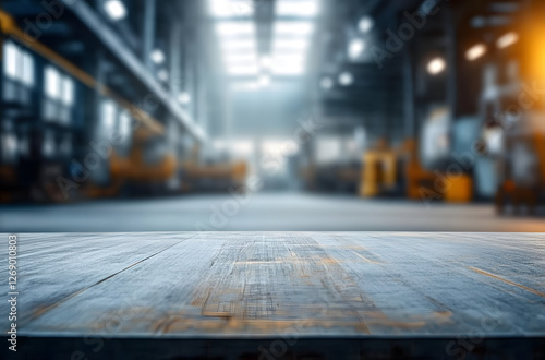 Wallpaper Mural blurred background of factory and empty steel tabletop in foreground. Business presentation Torontodigital.ca