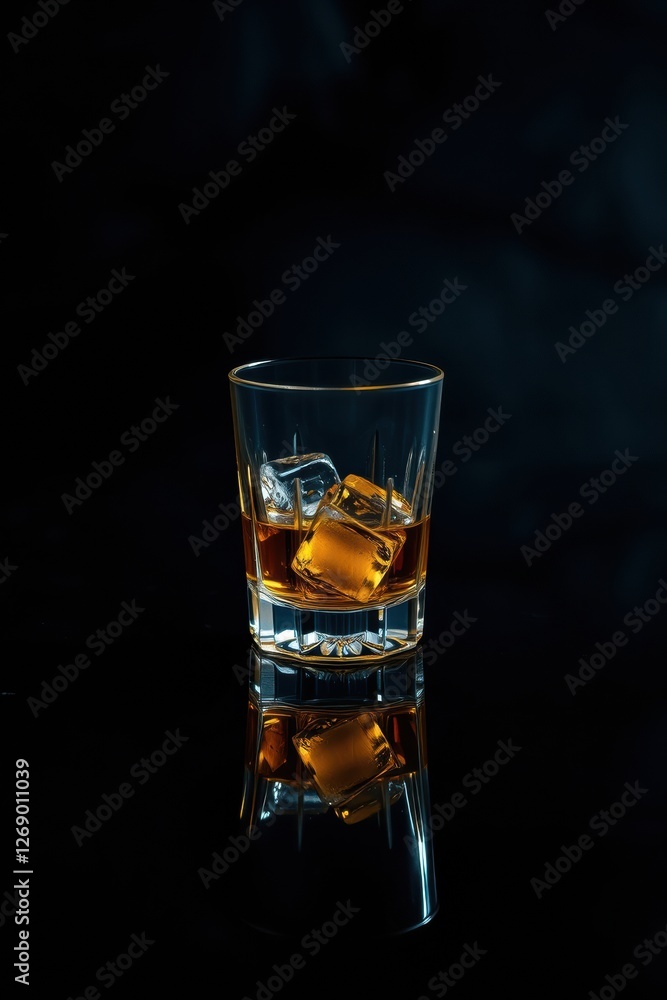 Refreshing chilled beverage in a glass with ice cubes reflecting on a dark, sleek surface. Refreshing chilled beverage in a glass with ice cubes reflecting on a dark, sleek surface.