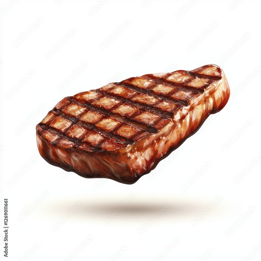 Of Levitating steak with thick grill sear lines isolated on white Of Levitating steak with thick grill sear lines isolated on white