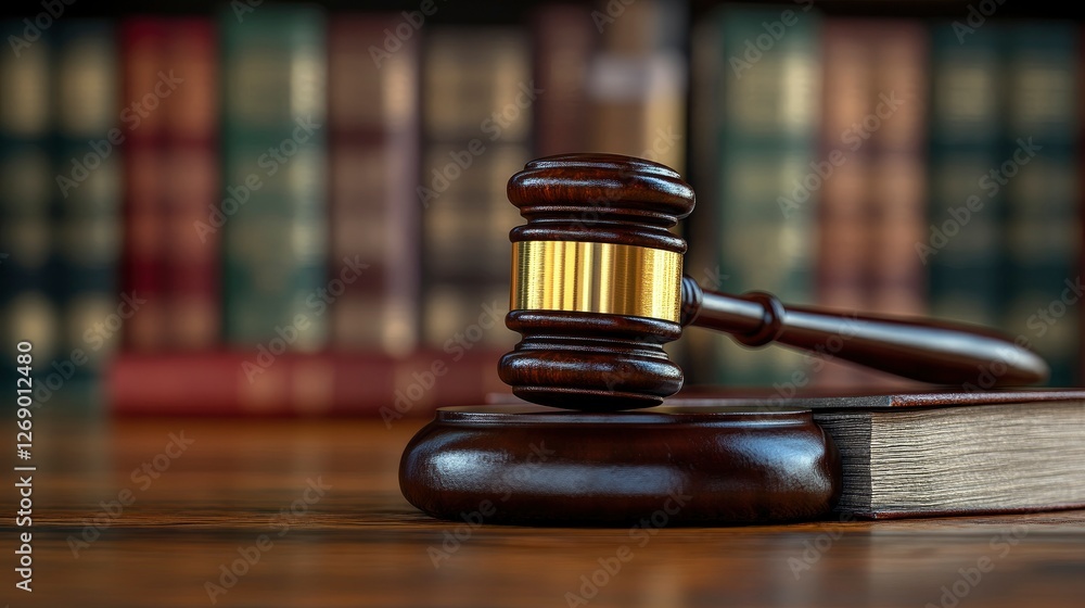 Gavel on Law Book with Blurred Bookshelf Background Gavel on Law Book with Blurred Bookshelf Background