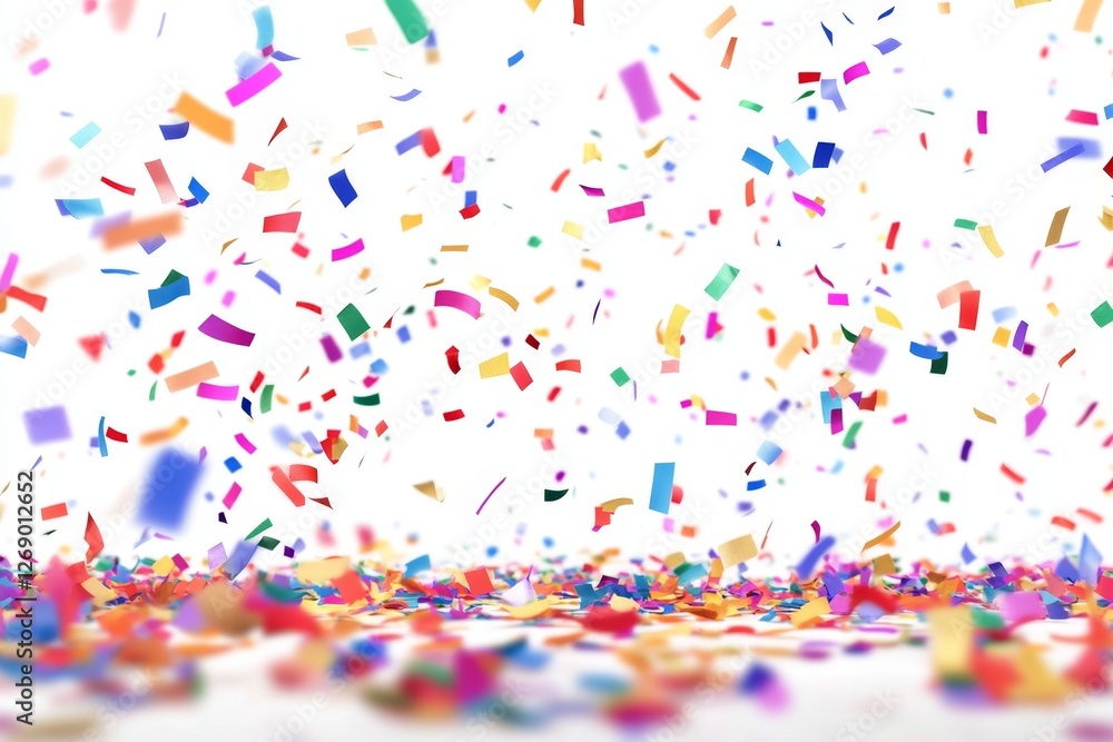 Colorful confetti falling, celebration, white background, festive backdrop Colorful confetti falling, celebration, white background, festive backdrop