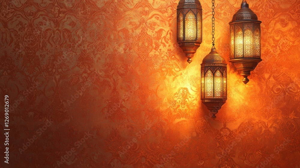 Three ornate lanterns hanging against a warm, textured orange backdrop. Three ornate lanterns hanging against a warm, textured orange backdrop.