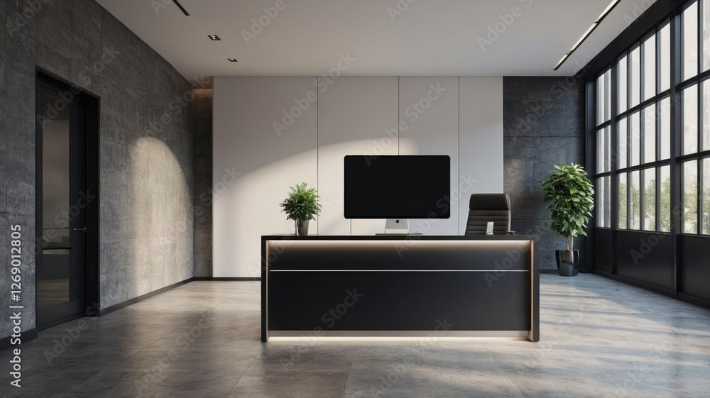 Modern Black Office Reception Desk Design with Large Windows Modern Black Office Reception Desk Design with Large Windows