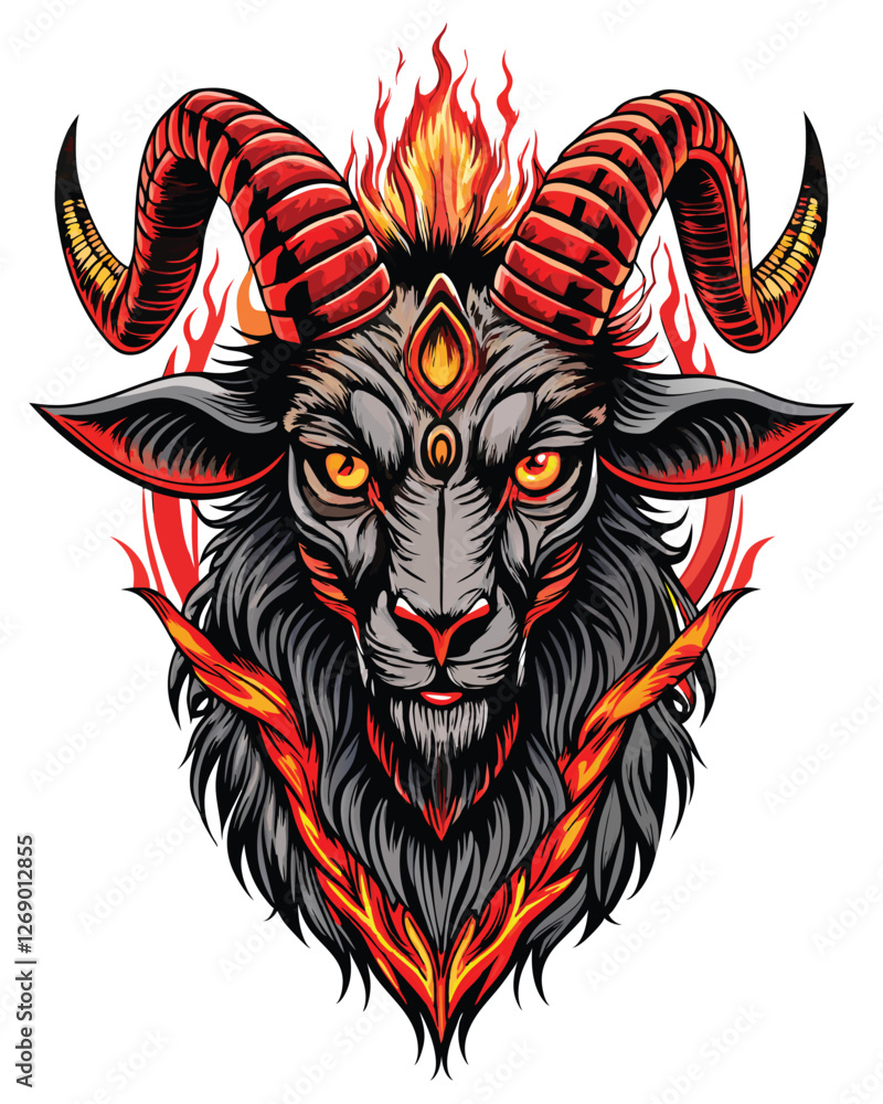 Render a terrifying, twisted demonic goat, horns contorted, with glowing arcane symbols etched onto its hide. Bold, dark, and highly detailed. Render a terrifying, twisted demonic goat, horns contorted, with glowing arcane symbols etched onto its hide. Bold, dark, and highly detailed.