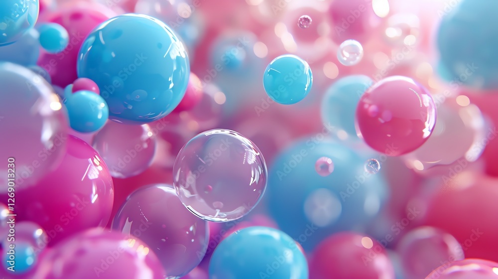 3D rendering. Pink and blue glossy spheres of different sizes on a gradient background. 3D rendering. Pink and blue glossy spheres of different sizes on a gradient background.