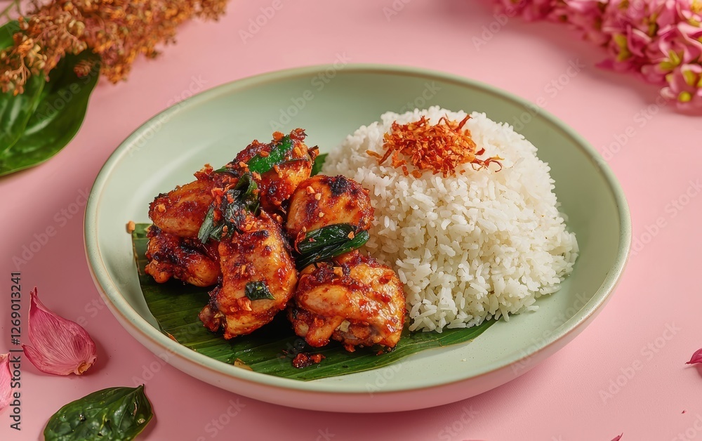 Spicy Thai basil chicken with jasmine rice on a pastel background Spicy Thai basil chicken with jasmine rice on a pastel background