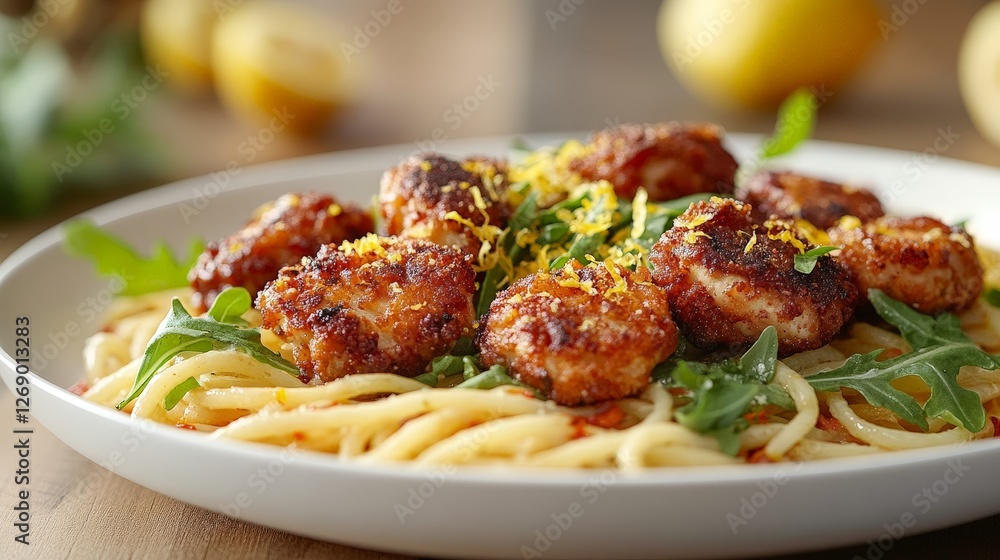 A plate of spaghetti topped with crispy shrimp, arugula, and lemon zest. A plate of spaghetti topped with crispy shrimp, arugula, and lemon zest.