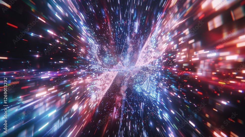 Fototapeta premium Experience a stunning digital fireworks display through a window perspective. Vivid colors and dynamic motion create an abstract vortex over Shanghai's skyline. Perfect for celebrations.