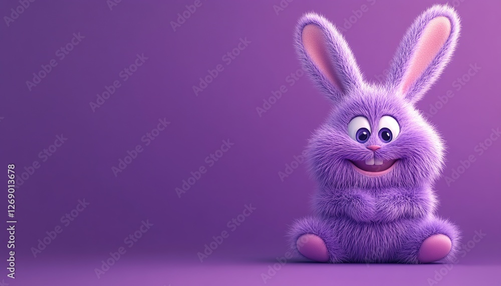 Obraz premium 3d Bunny Animation Cartoon Cute Smiling Fluffy Ears Purple Background Copy Space Happy Easter Greeting Card