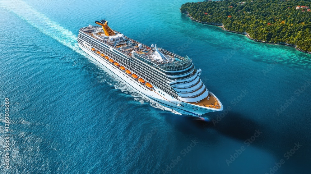 Fototapeta premium Aerial view at the cruise ship at the day time. Adventure and travel. Landscape with cruise liner on Adriatic sea. Luxury cruise