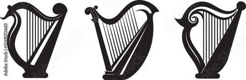 Set of Harp silhouette, black and white silhouette, vector and illustration