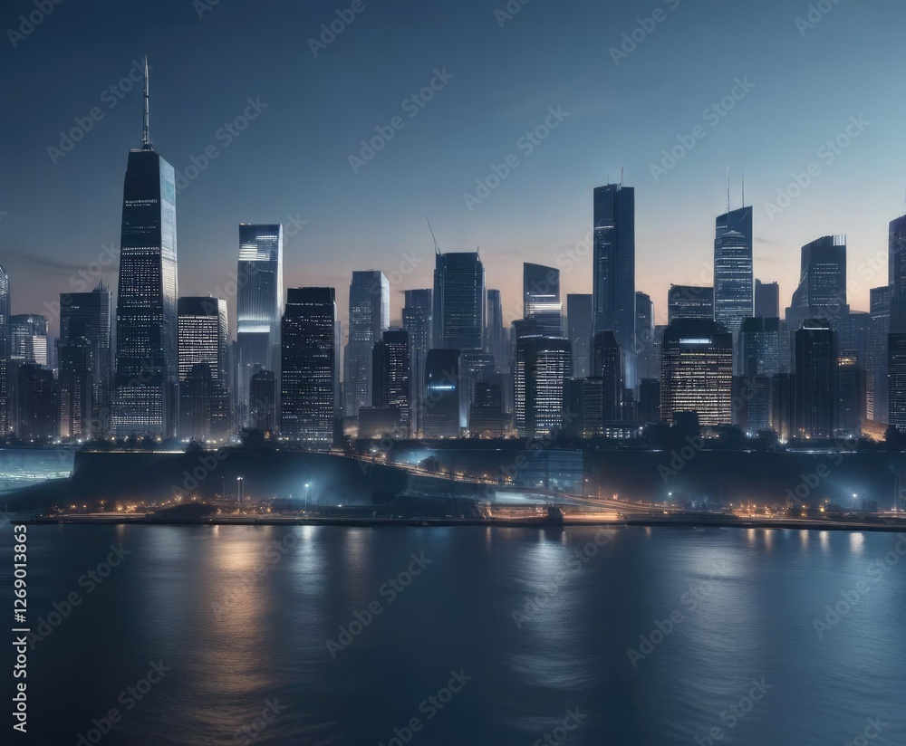 Obraz premium Darkened blue gradient with blurred cityscape, abstract composition, blurred architecture, nighttime atmosphere