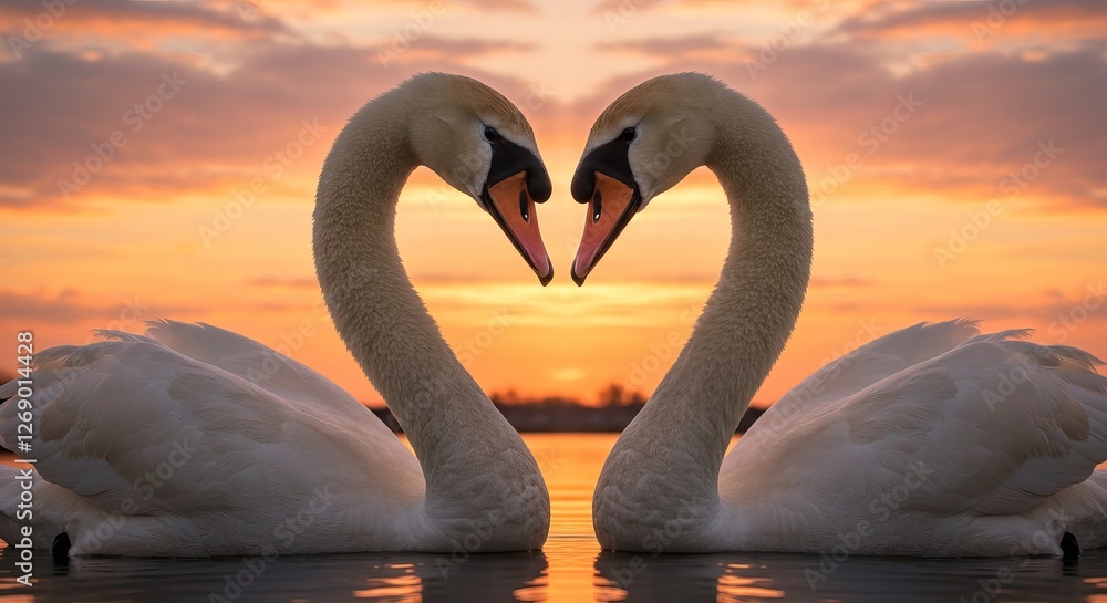Fototapeta premium Romantic swan pair forming heart shape at sunset on tranquil lake