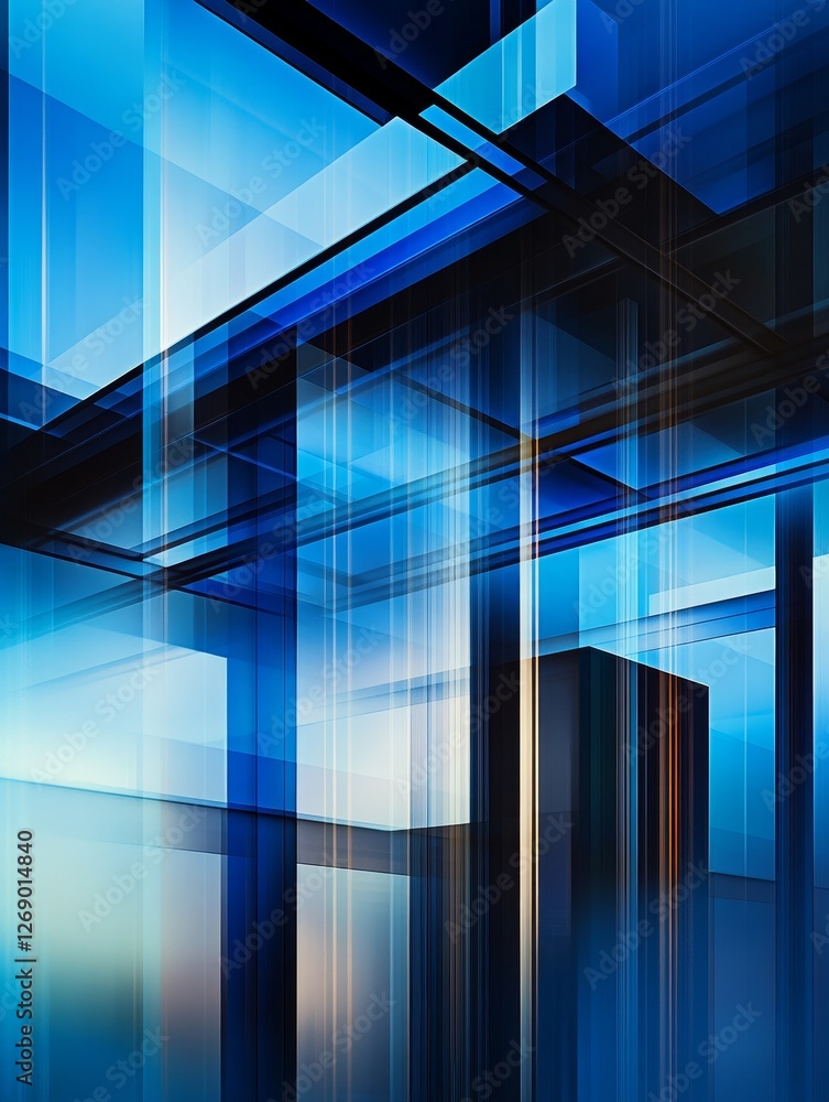 Abstract blue architectural design featuring layered glass structures and reflections Abstract blue architectural design featuring layered glass structures and reflections