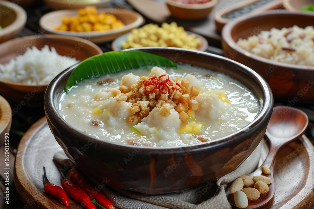 Bubur ayamor Indonesian rice porridge served with shredded chicken Bubur ayamor Indonesian rice porridge served with shredded chicken