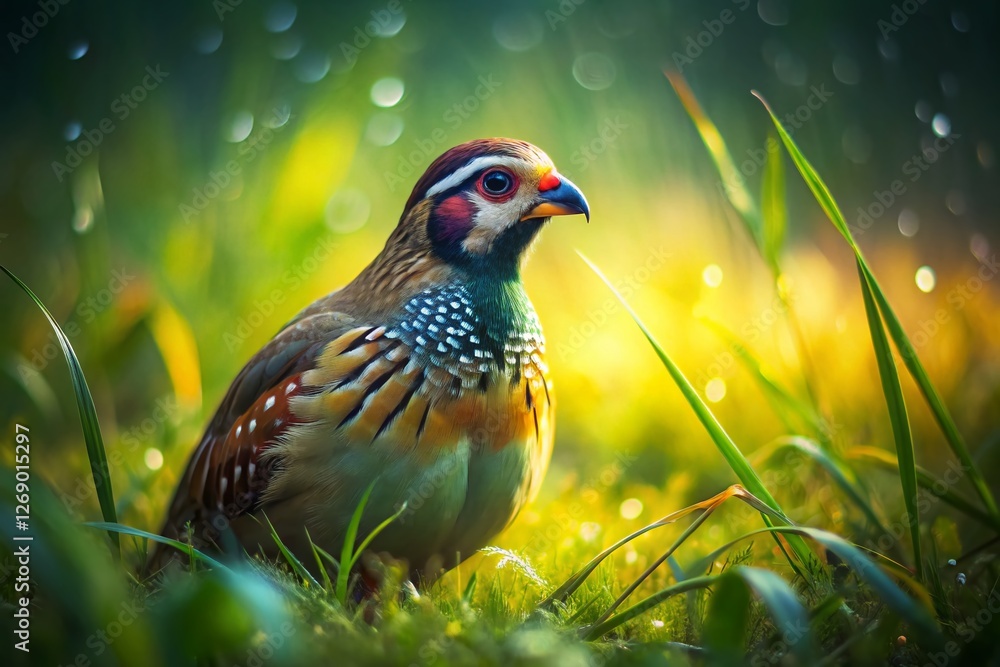 Obraz premium Macro Photography: Partridge in Lush Green Field - Detailed Feathers and Dew Drops