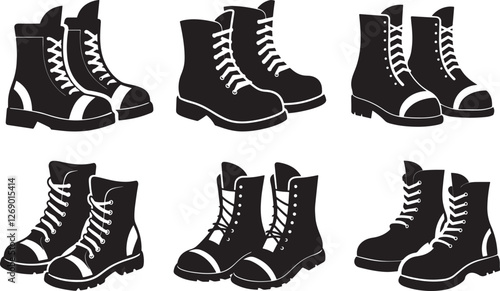 set of combat boot silhouette, black and white silhouette, vector and illustration