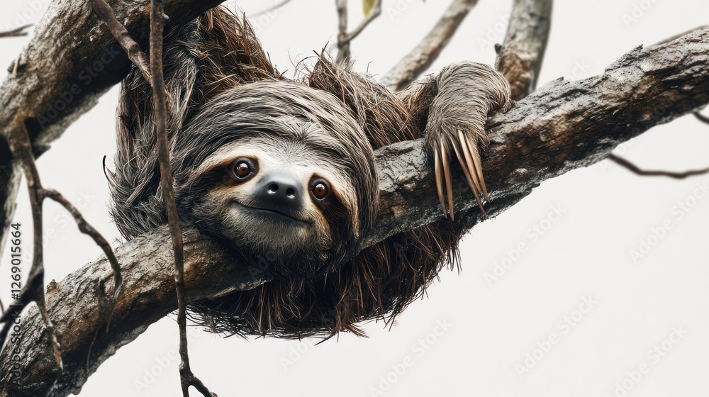 Obraz premium Sloth hanging in tree, rainforest background, wildlife photography, nature documentary