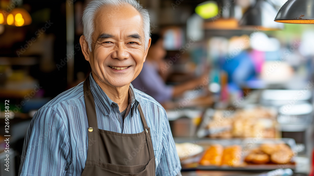 Smiling vendor with a friendly expression, standing in front of a food stand, natural light from the left, upper body shot with a blurred background, conveying warmth and approachability.
Smiling vendor with a friendly expression, standing in front of a food stand, natural light from the left, upper body shot with a blurred background, conveying warmth and approachability.