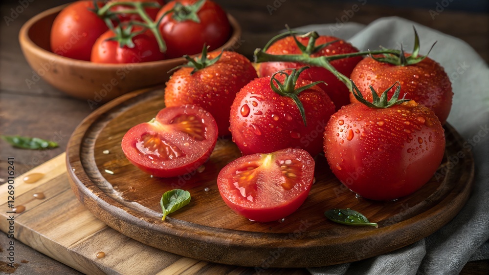 Freshly Harvested Tomatoes: A cluster of plump, red tomatoes glisten with dew drops, freshly harvested from the vine and ready to be enjoyed, creating a vibrant display of juicy freshness. Freshly Harvested Tomatoes: A cluster of plump, red tomatoes glisten with dew drops, freshly harvested from the vine and ready to be enjoyed, creating a vibrant display of juicy freshness.