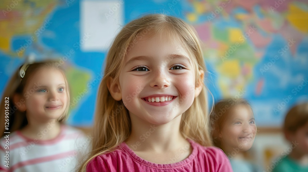 Happy Little Girl Smiling in Classroom with World Map Happy Little Girl Smiling in Classroom with World Map