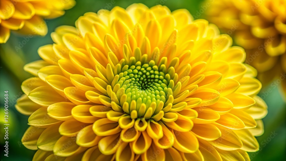 Macro Photography: Vibrant Yellow Chrysanthemum Close-Up on Natural Green Background